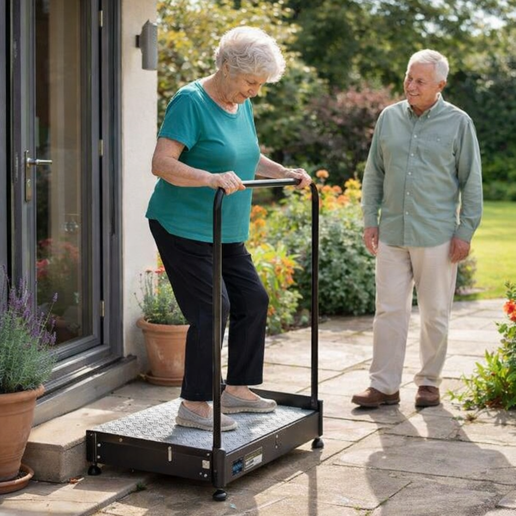 Adjustable Half Step with Handrail – Black – 400kg Capacity – Mobility Aid