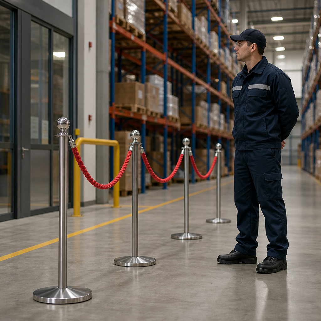 Silver Rope Barrier Set with Red Ropes for Event Management (Pack of 8)