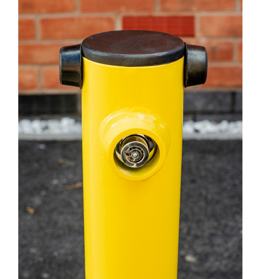 Bolt-Down Folding Parking Post – Durable Yellow Steel Security Barrier
