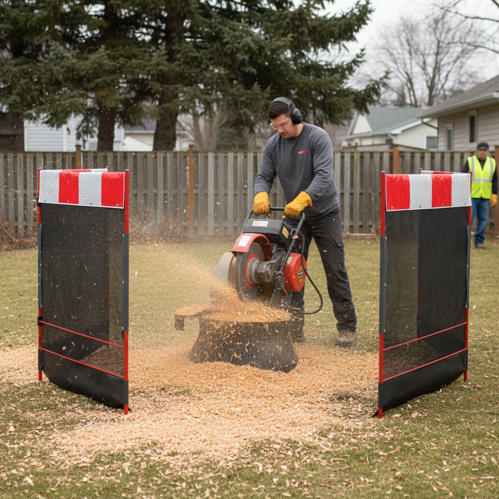 Premium Folding Debris Guard with Mesh Panels for Stump Grinding Safety and Visibility - side view | Barriers Co