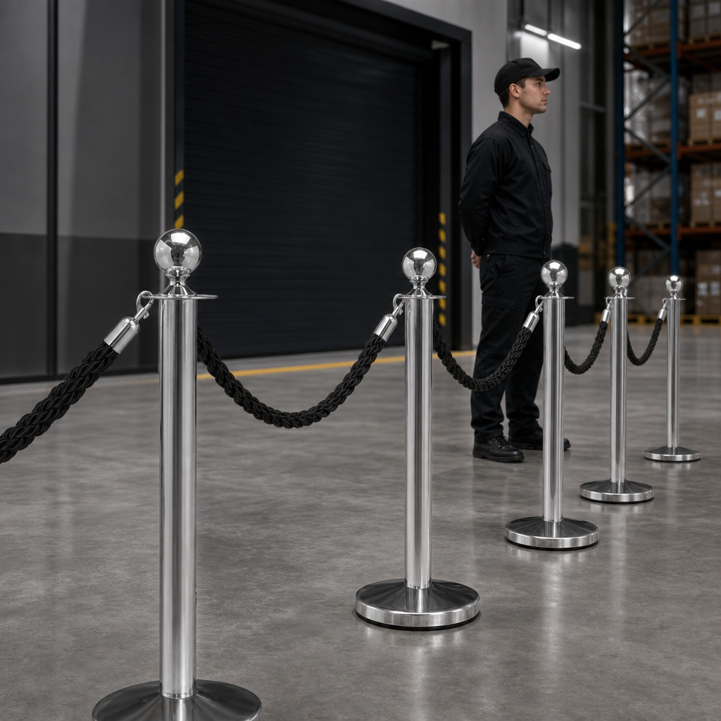 Silver Rope Barrier Set with Black Ropes for Event Management (Pack of 6)
