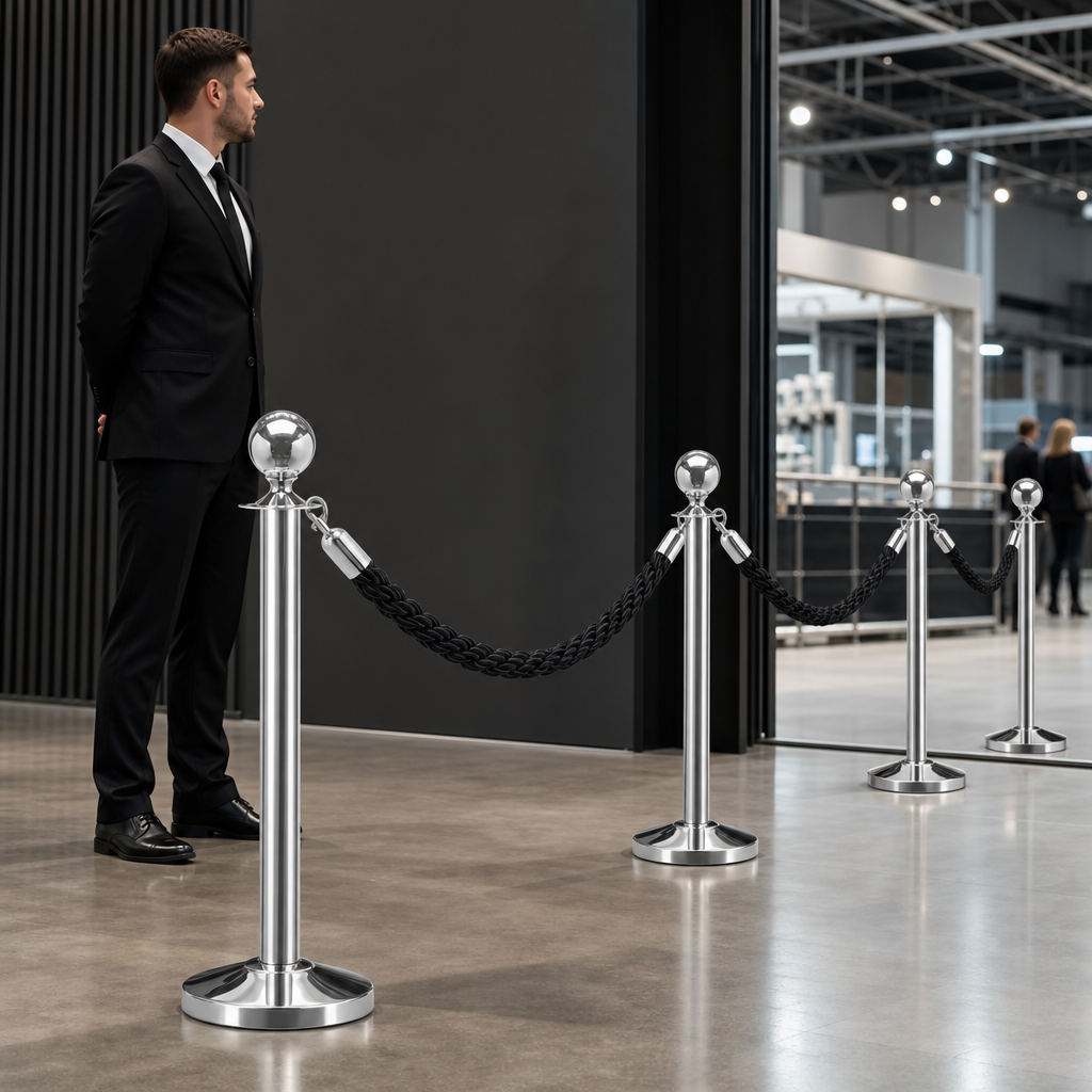 Silver Rope Barrier Set with Black Ropes for Event Management (Pack of 4)