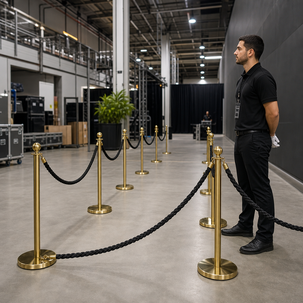 Brass Rope Barrier Set with Black Ropes for Event Management (Pack of 6)