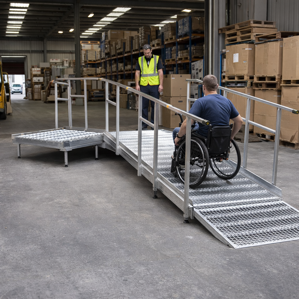 Aluminium Modular Ramp Kit – 1300mm x 6000mm – Platform & Handrails – Wheelchair Access