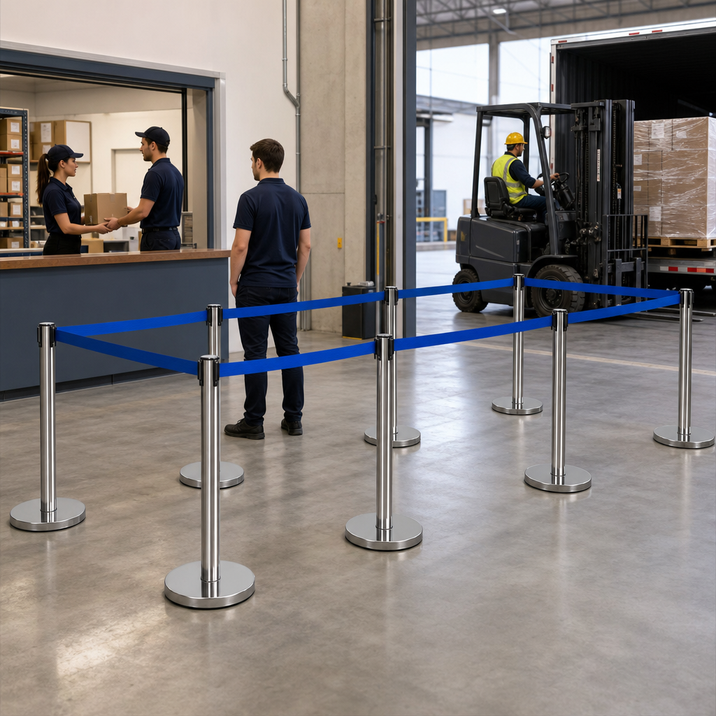 Belt Stanchion Set with Retractable Blue Belt for Event Management (Pack of 8)