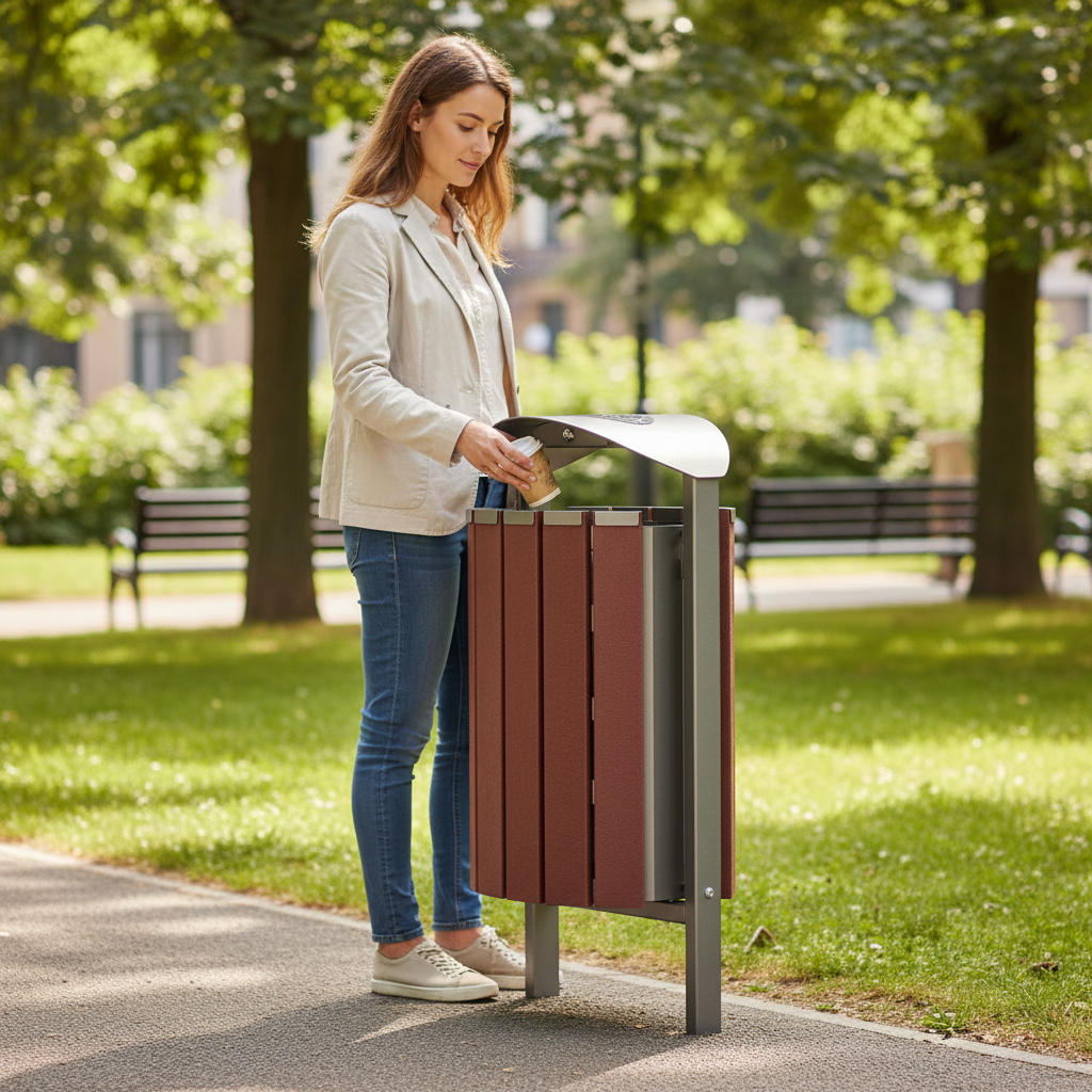 Premium 50L Steel & Recycled Plastic Litter Bin for Indoor and Outdoor Use - side view | Barriers Co