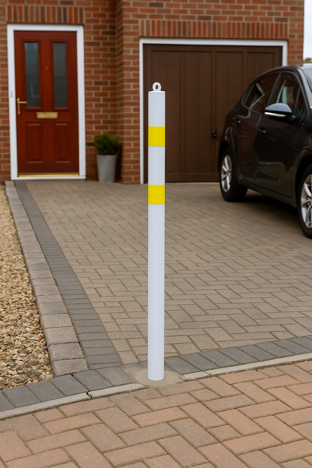76mm White & Yellow Spigot Based Steel Bollard & Eyelet 1