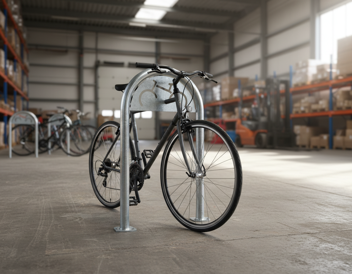 Premium 60mm Trombone Bike Stand with Decorative Cycle Motif - Hot-Dip Galvanised Steel for Durable Outdoor Use | Barriers Co