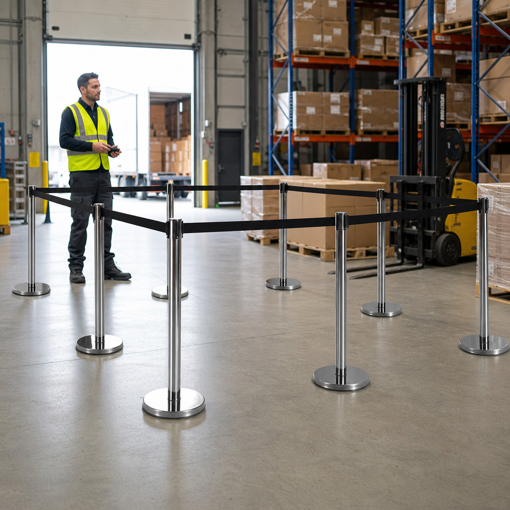 Belt Stanchion Set with Retractable Black Belt for Event Management (Pack of 6)