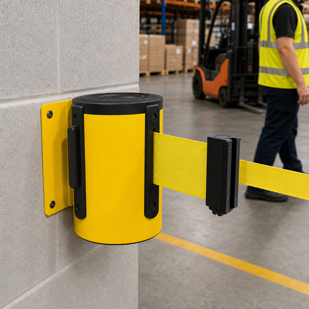 Wall-Mounted Steel Belt Barrier System 6.1m - 10.6m for Warehouses