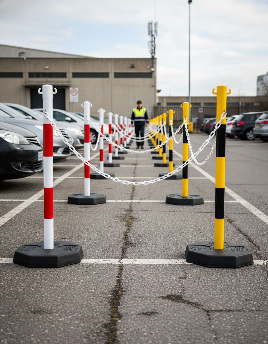 Premium Plastic Stanchion Post & Chain Barrier with Rubber Base, 900mm Height, Ideal for Outdoor Use