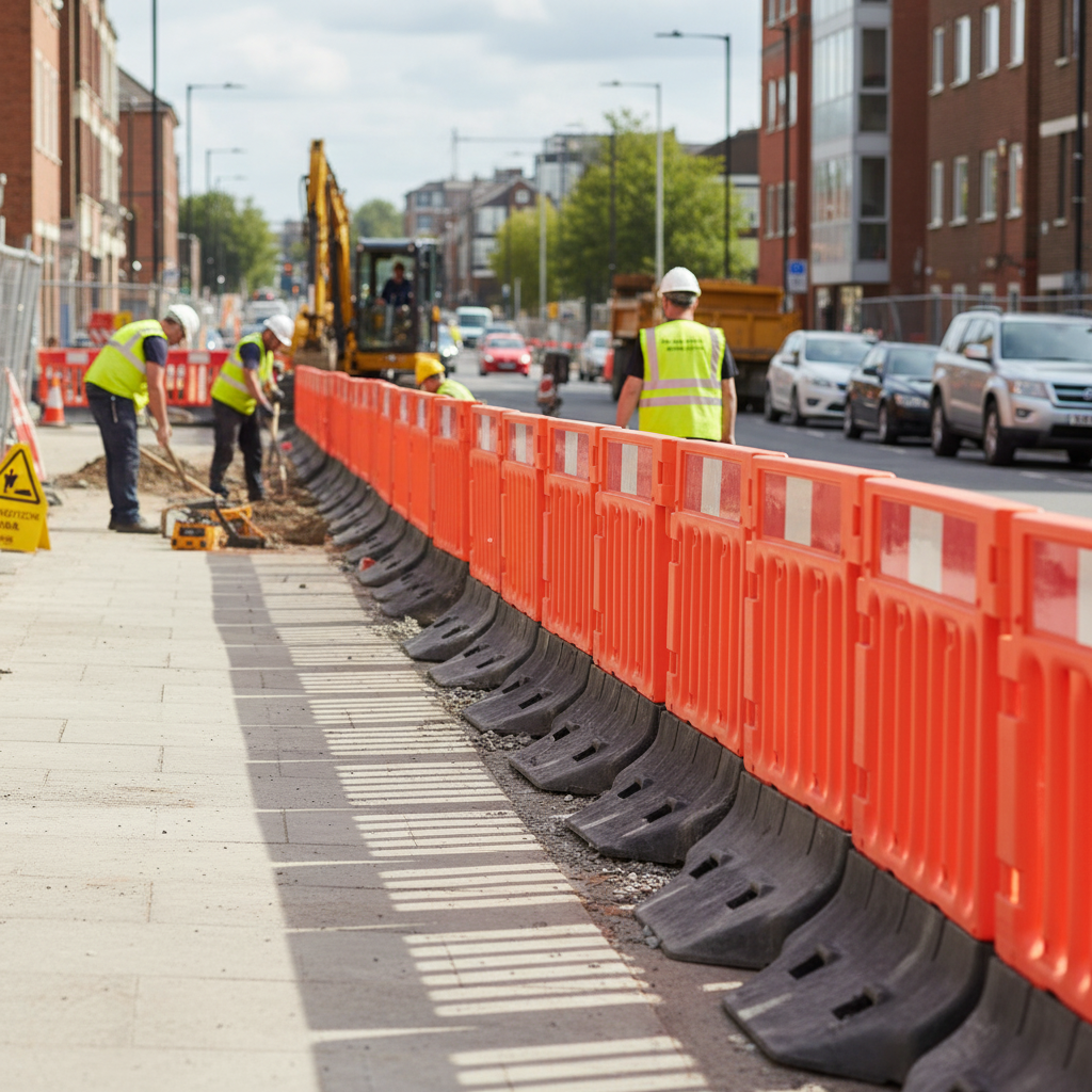 Heavy Duty Plastic Construction Barrier with Weighted Base for Enhanced Stability and Safety in... - side view | Barriers Co