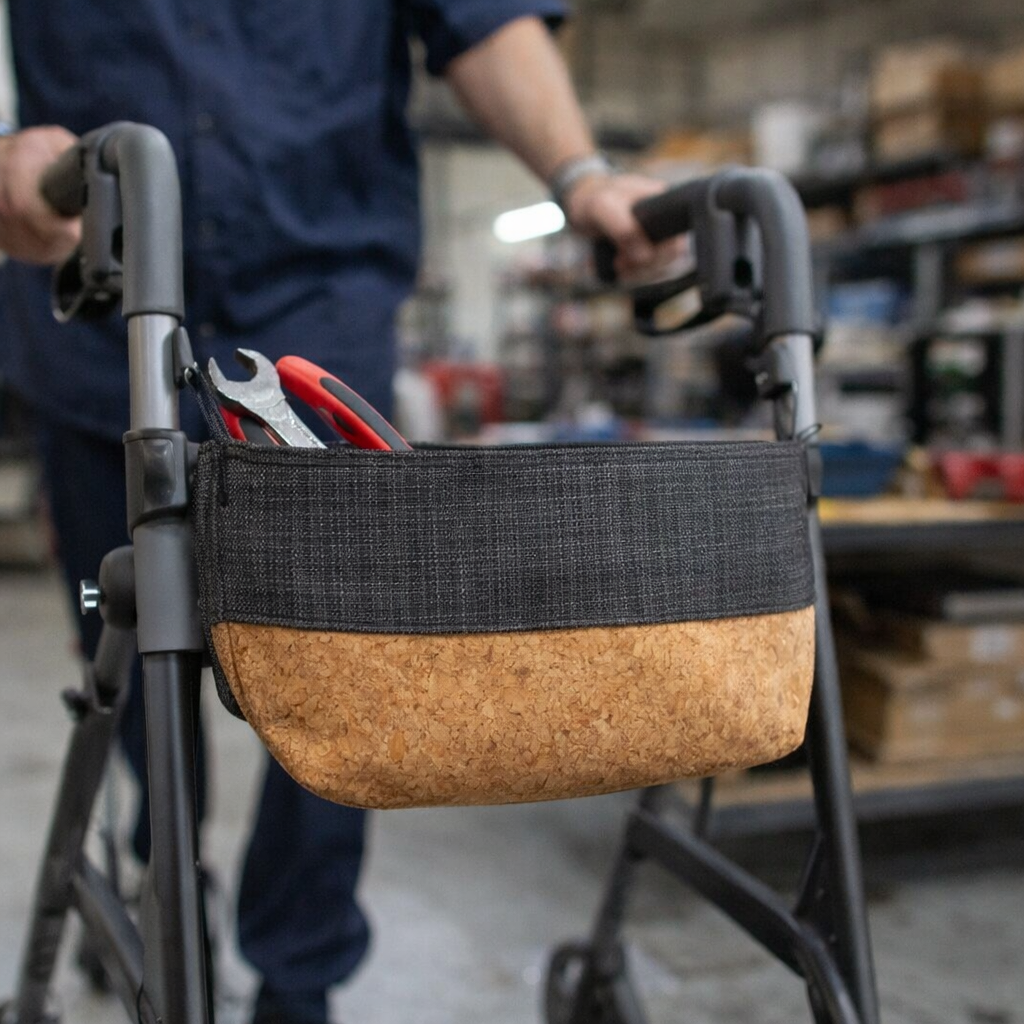 Indoor Rollator Accessory Bag – White – Woven Fabric with Cork Base – Mobility Use