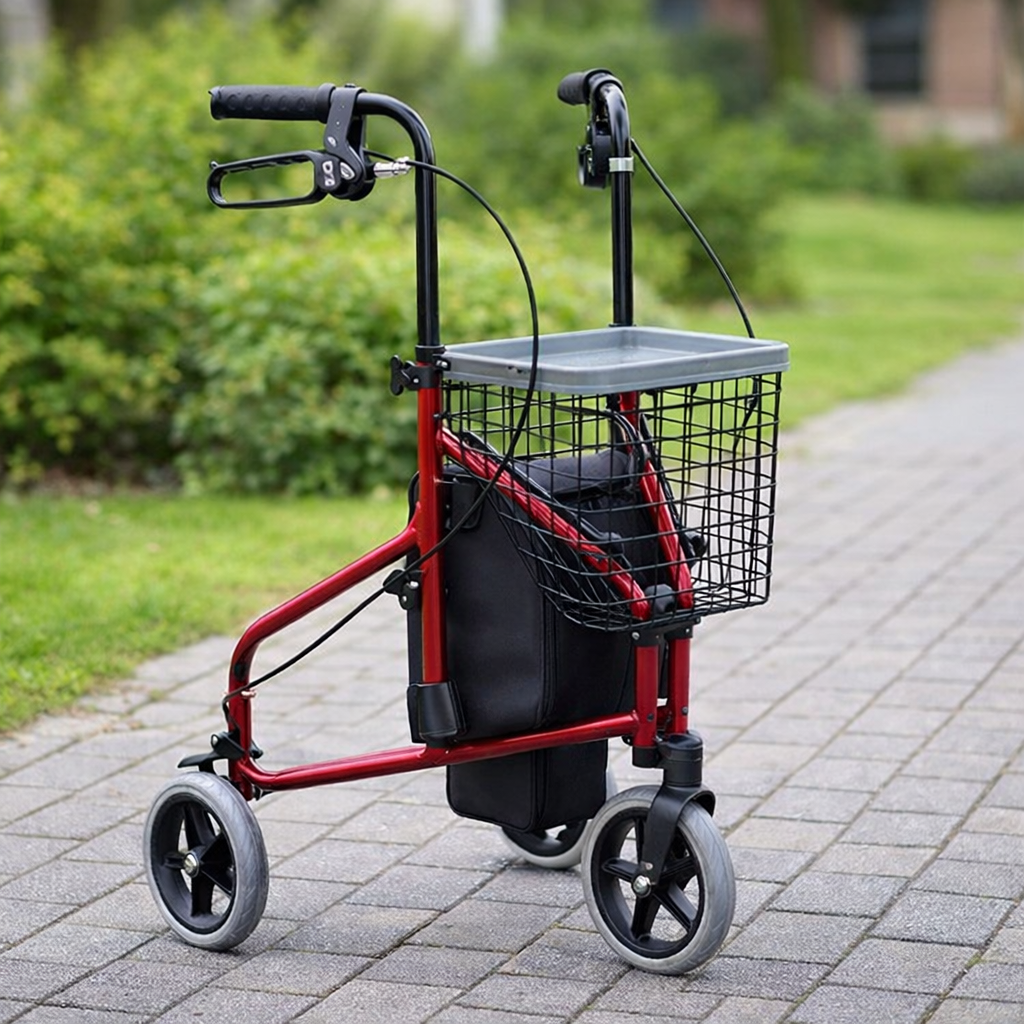 Aluminium 3 Wheel Rollator – Red – 125kg Capacity – Mobility Aid