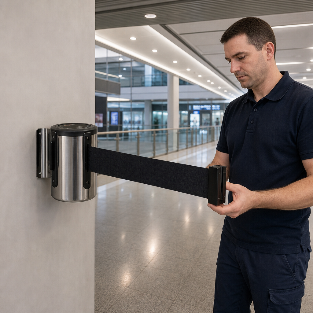 Wall-Mounted Retractable Belt Barrier System 6.1m - 10.6m for Large Spaces