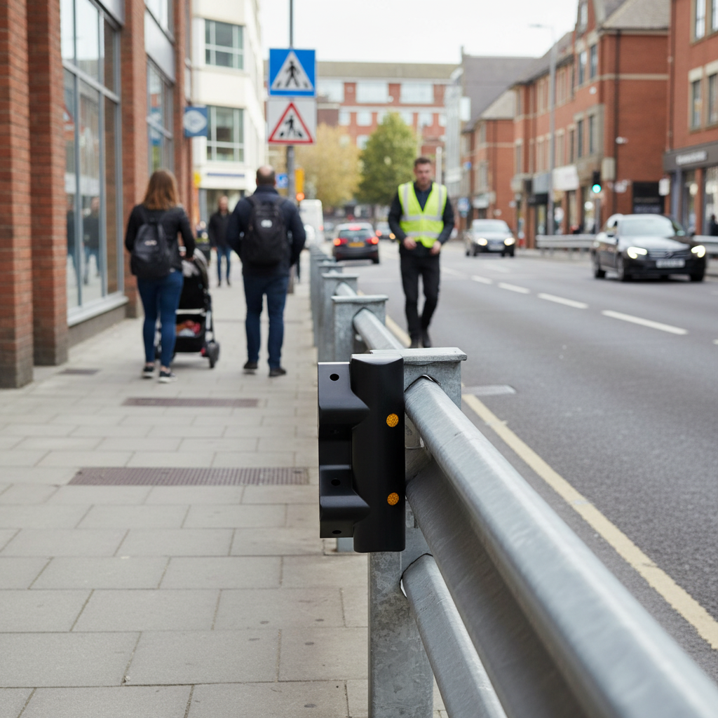 Premium Pedestrian-Friendly Scroll End Cap with Reflective Panels for Safety in Pedestrian Areas - side view | Barriers Co