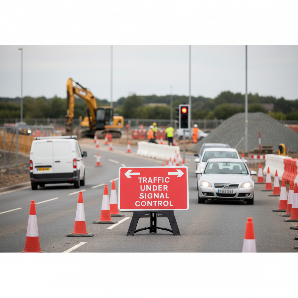 Professional Traffic Under Signal Control Sign 1050x750mm with Reflective Face and High-Quality Stand for Caution at Junctions