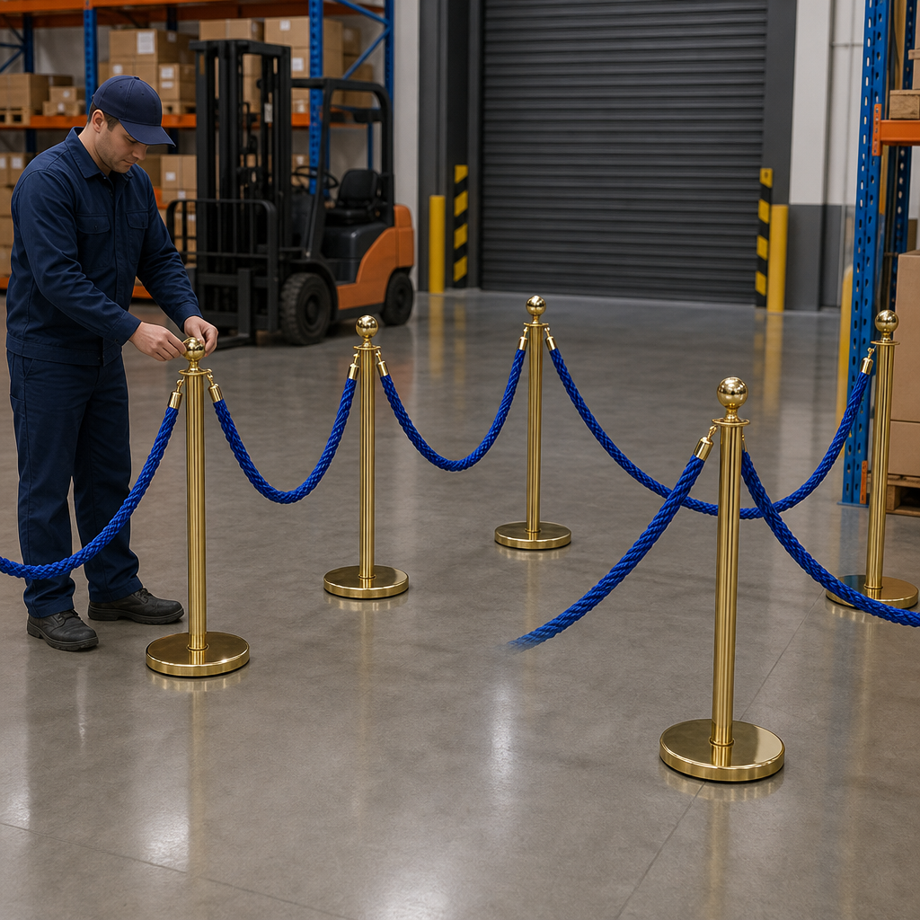 Brass Rope Barrier Set with Blue Ropes for Event Management (Pack of 6)