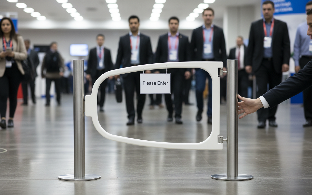 Premium Self-Closing Swing Gate for Controlled Pedestrian Flow and Modular Design with Custom Branding Options