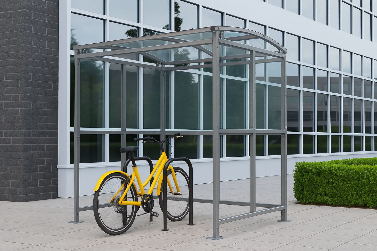 Brandon Modular Cycle Shelter – Galvanised Steel Frame, Curved PETG Roof, Open 1
