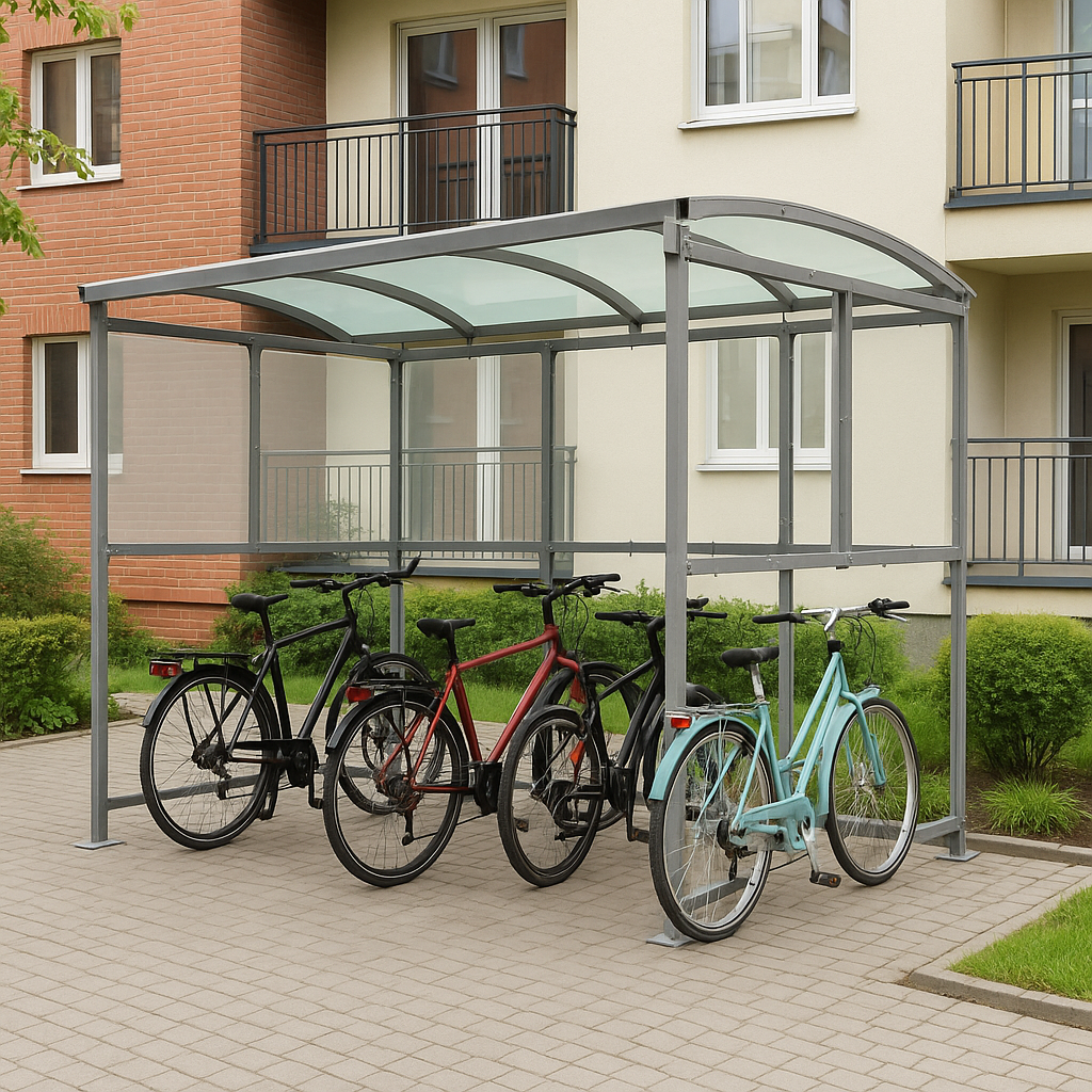 Brandon Modular Cycle Shelter – Galvanised Steel Frame, Curved PETG Roof, Open 2