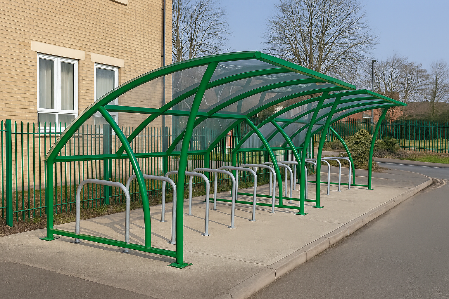 Cambourne Cycle Shelter – Single-Sided Galvanised Steel Frame with Clear PETG Roof (Cambridge Style) 1