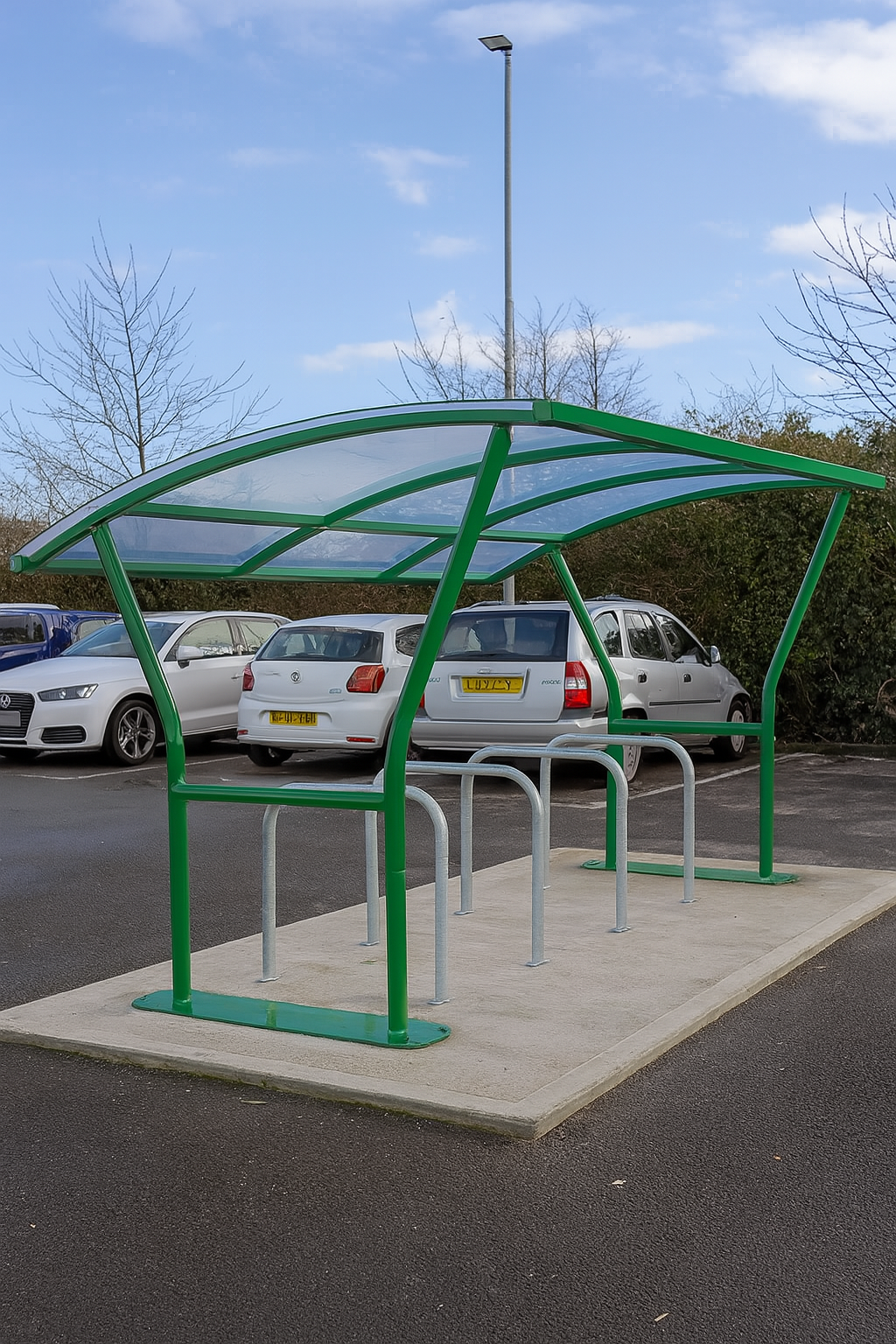Cambourne Cycle Shelter – Single-Sided Galvanised Steel Frame with Clear PETG Roof (Cambridge Style) 2