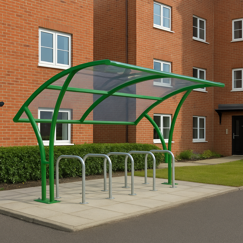 Cambourne Cycle Shelter – Single-Sided Galvanised Steel Frame with Clear PETG Roof (Cambridge Style) 3