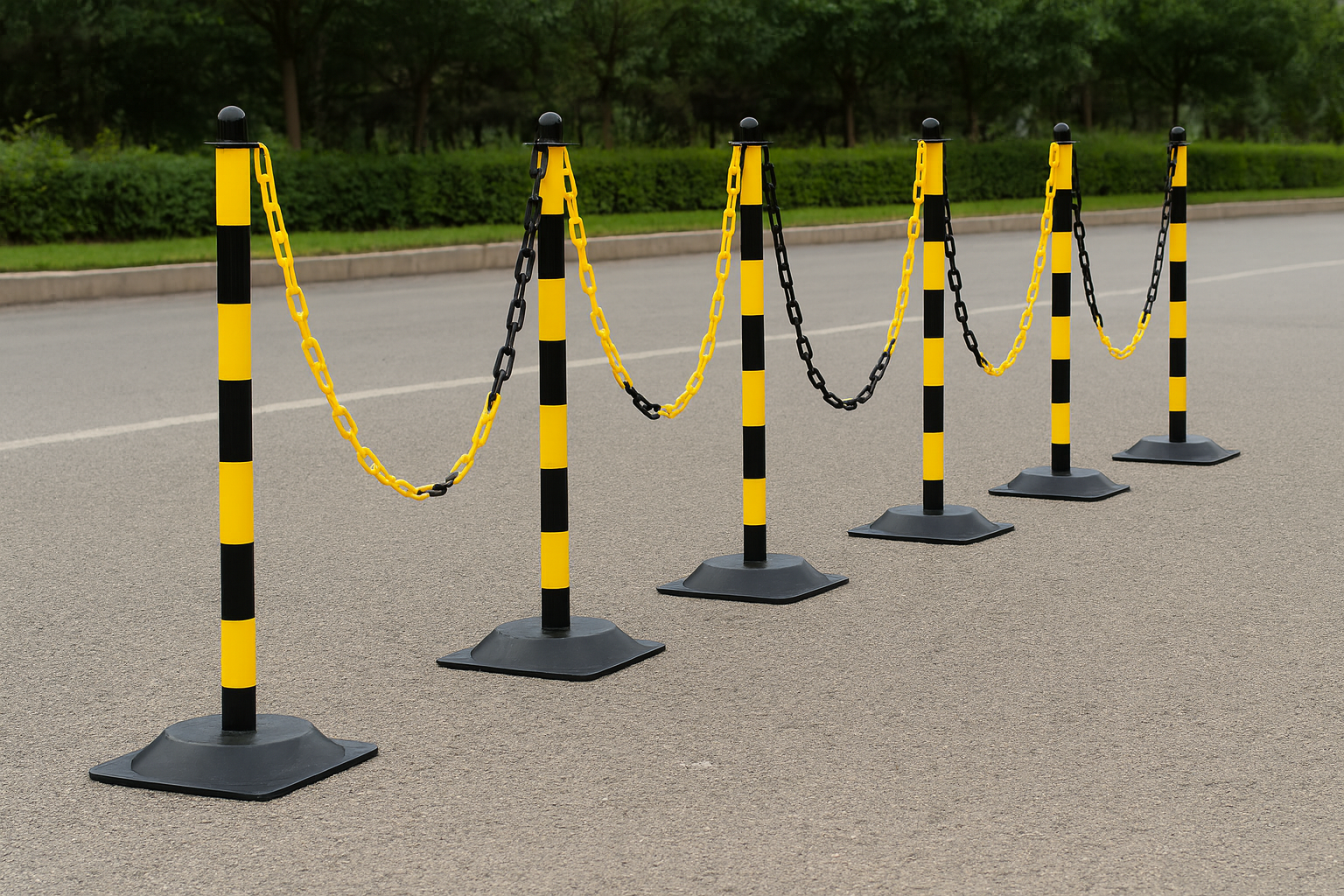 Ultra-Visible Yellow & Black Chain Post Kit – 6 Robust Posts, 10 m Chain with Hooks & Links | Recycled Rubber Heavy-Duty Base
