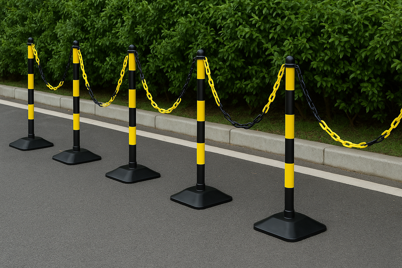 Ultra-Visible Yellow & Black Chain Post Kit – 6 Robust Posts, 10 m Chain with Hooks & Links | Recycled Rubber Heavy-Duty Base