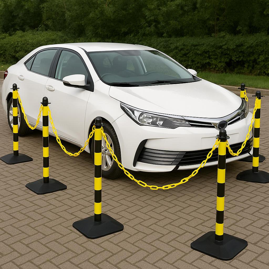 Ultra-Visible Yellow & Black Chain Post Kit – 6 Robust Posts, 10 m Chain with Hooks & Links | Recycled Rubber Heavy-Duty Base