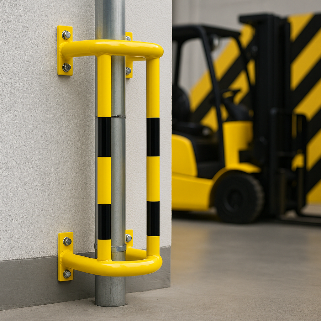 Wall-Mounted Steel Pipe Protector – Heavy-Duty Yellow & Black Impact Guard for Warehouse Columns, Pipes & Pillars