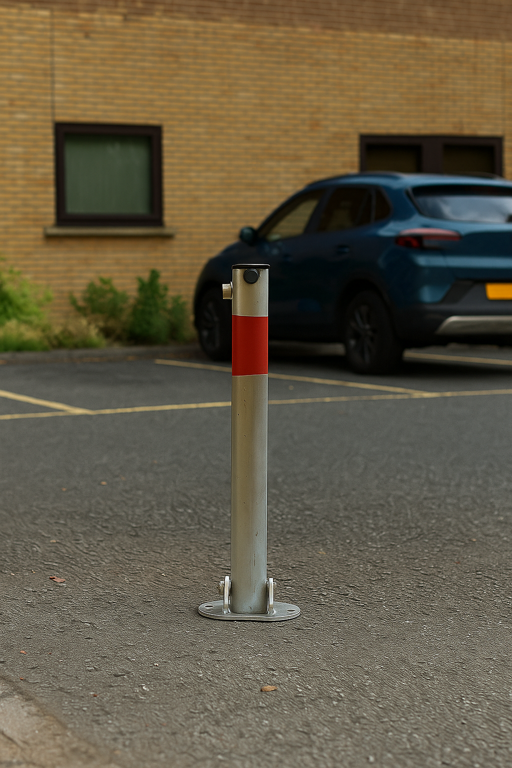 Galvanised Fold-Down Parking Post with Red Reflective Band 1