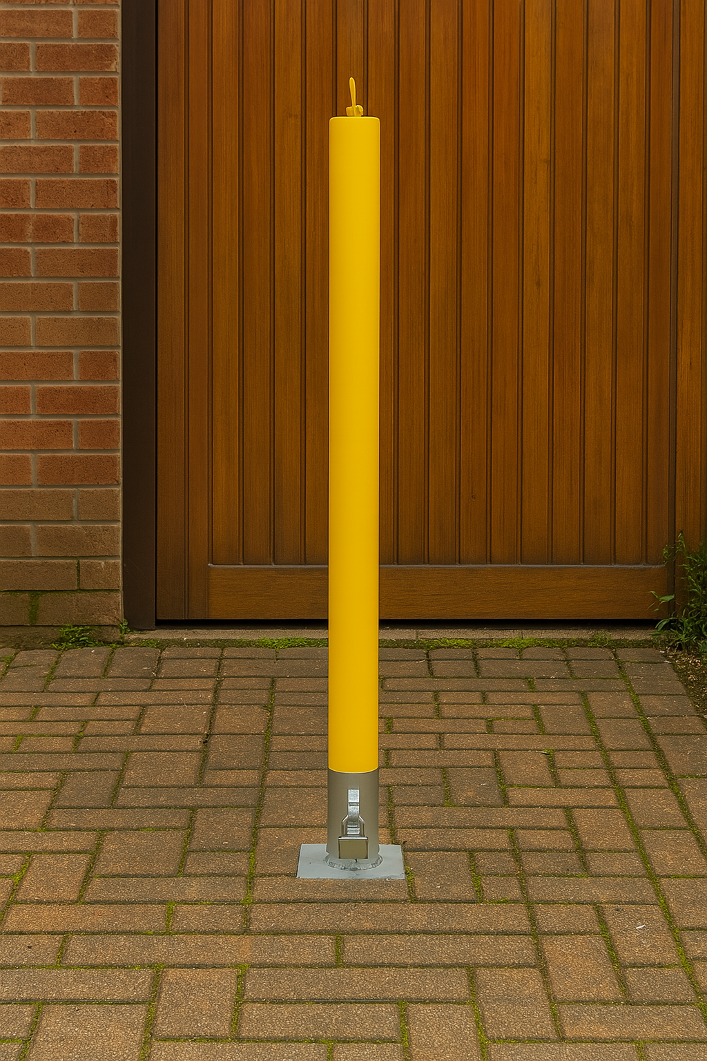Heavy-Duty Yellow Removable Security Bollard with Reflective Band & Lock 1