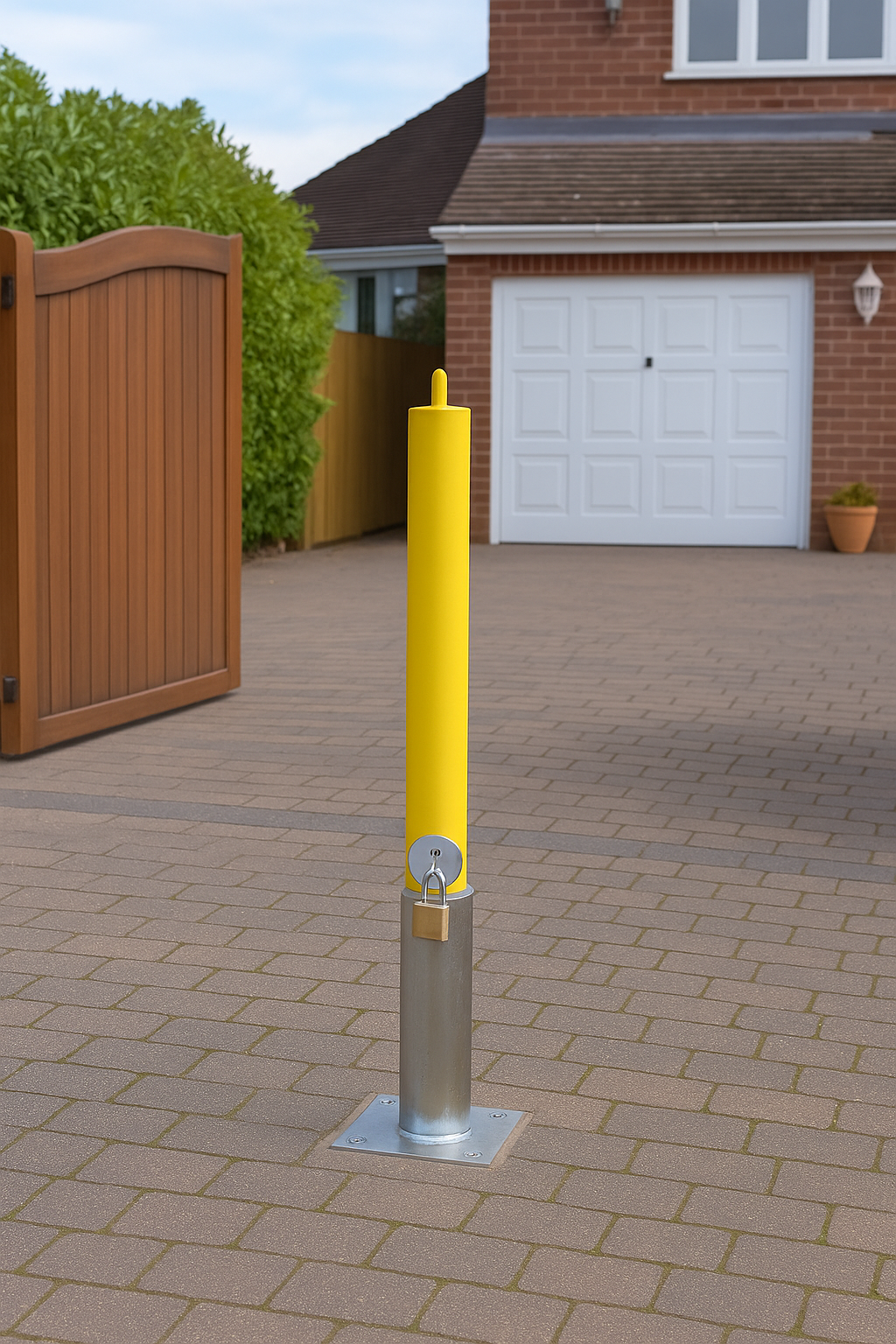 Heavy-Duty Yellow Removable Security Bollard with Reflective Band & Lock 2