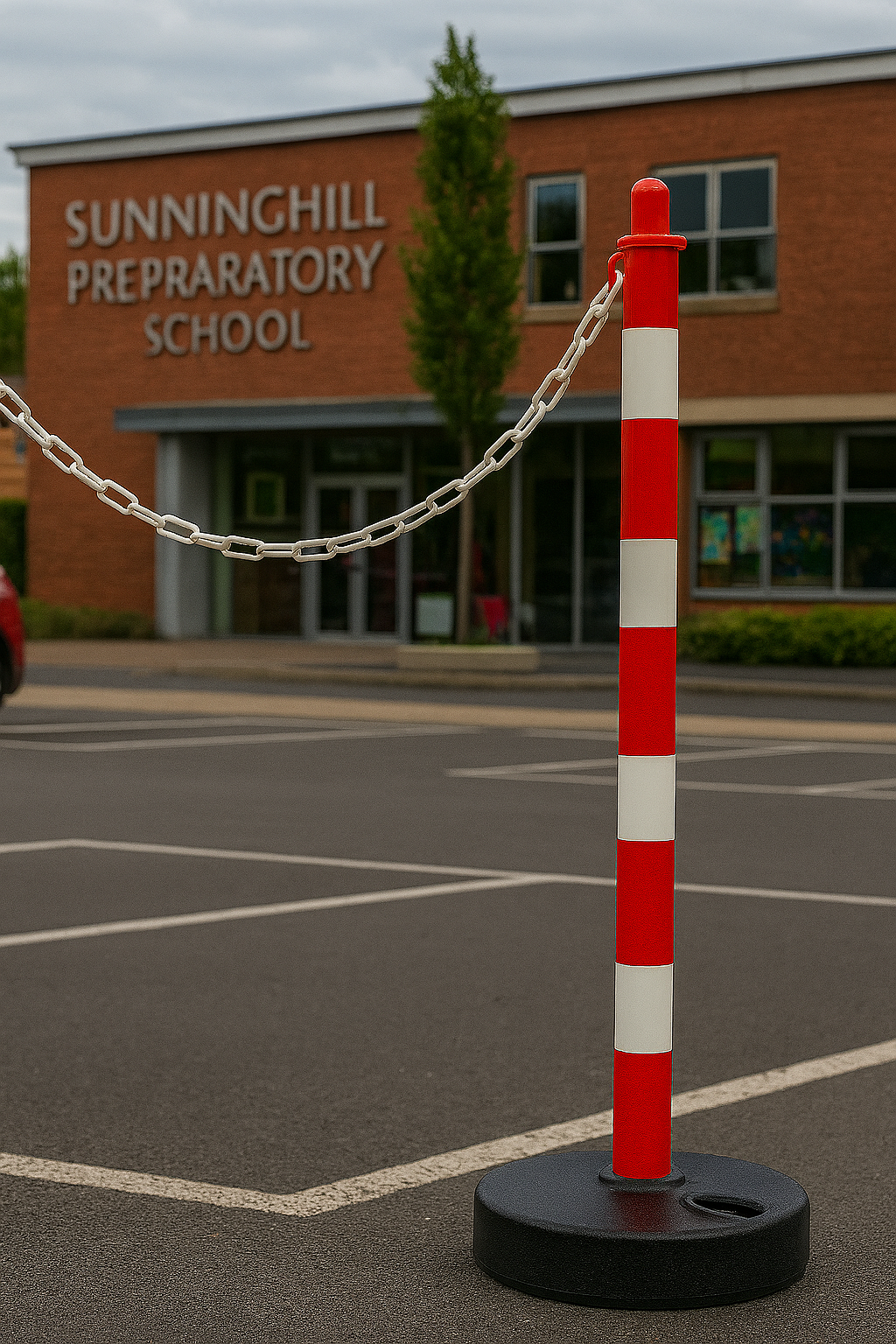 High-Visibility Red & White Chain Safety Post with Fillable Round Base 1