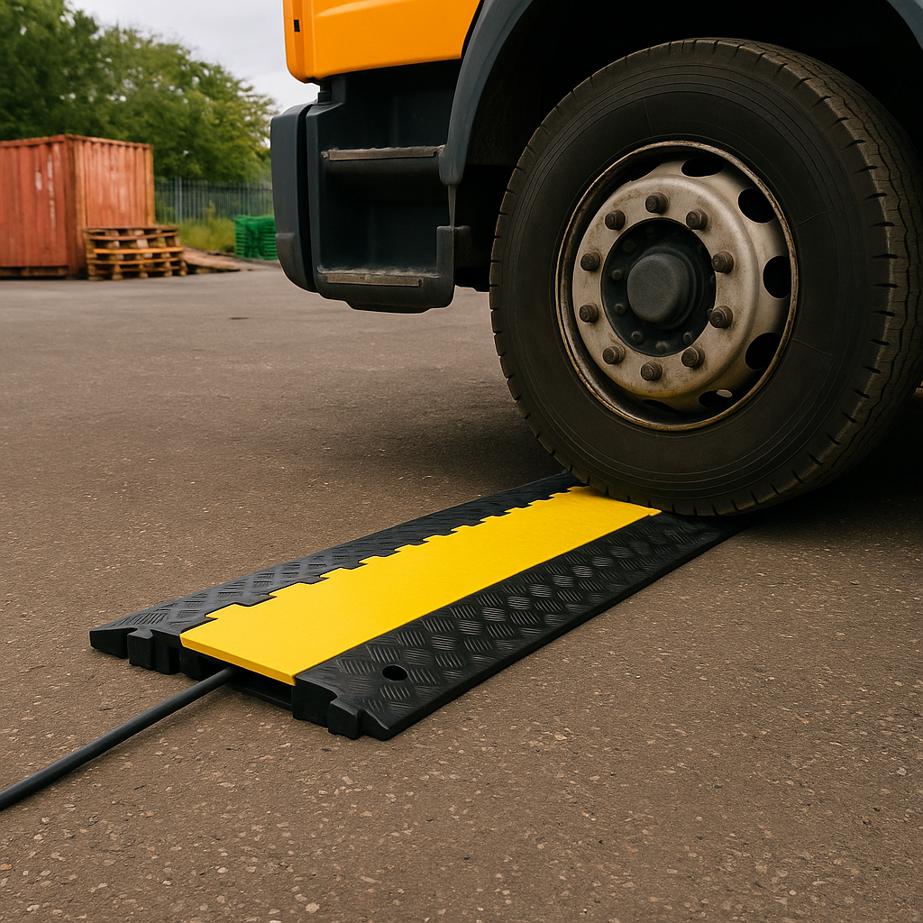 Hose Ramp 2 Heavy-Duty 2-Channel Cable Protector Ramp – HGV & Forklift Traffic Rated, Industrial Cable Cover with Hinged Safety Lid