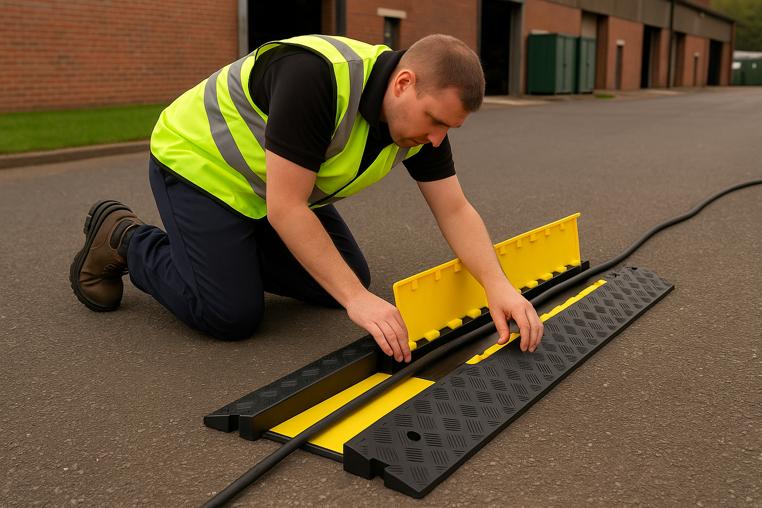 Hose Ramp 2 Heavy-Duty 2-Channel Cable Protector Ramp – HGV & Forklift Traffic Rated, Industrial Cable Cover with Hinged Safety Lid