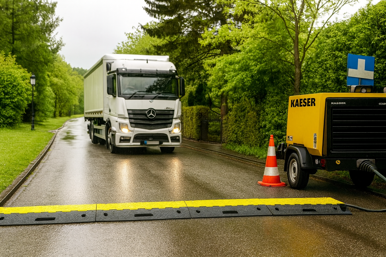 Hose Ramp 2 Heavy-Duty 2-Channel Cable Protector Ramp – HGV & Forklift Traffic Rated, Industrial Cable Cover with Hinged Safety Lid