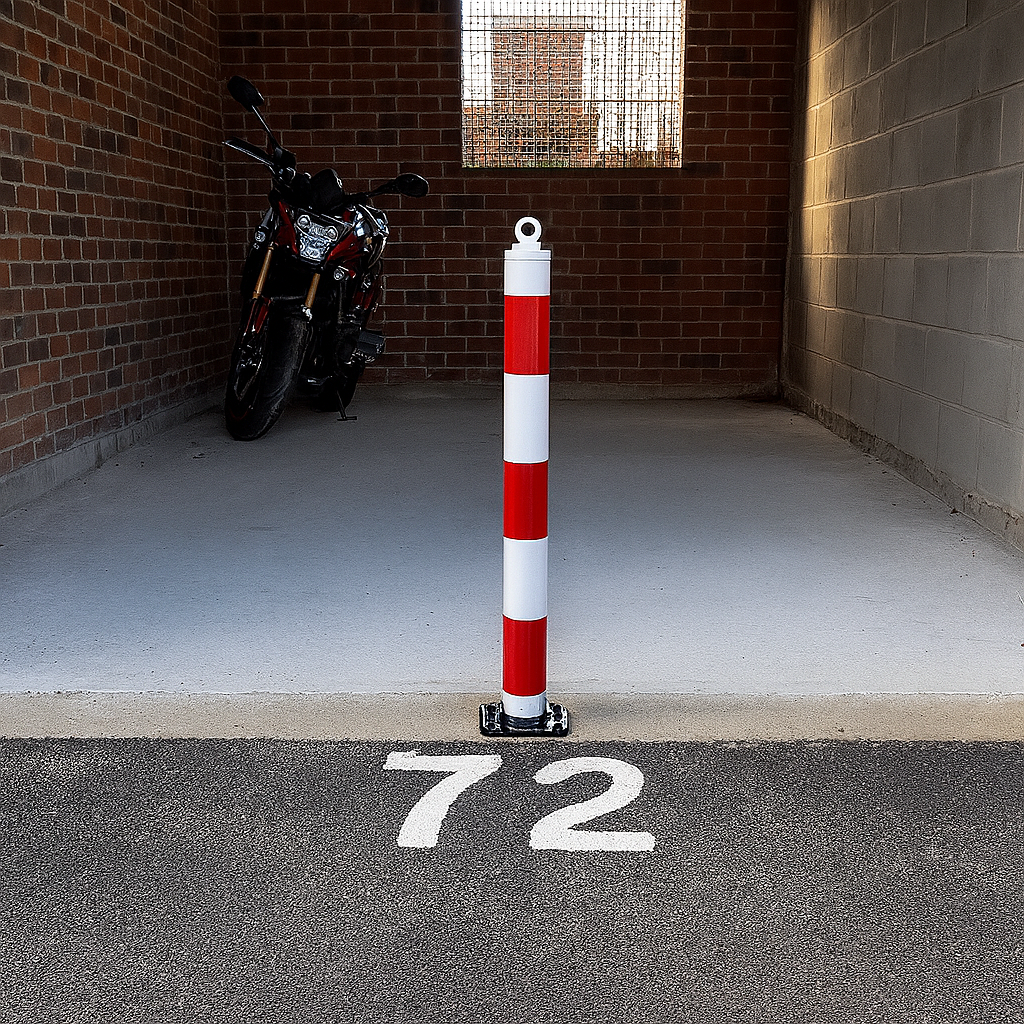 Red & White Fold-Down Parking Post with Integral Lock & Eyelet 1