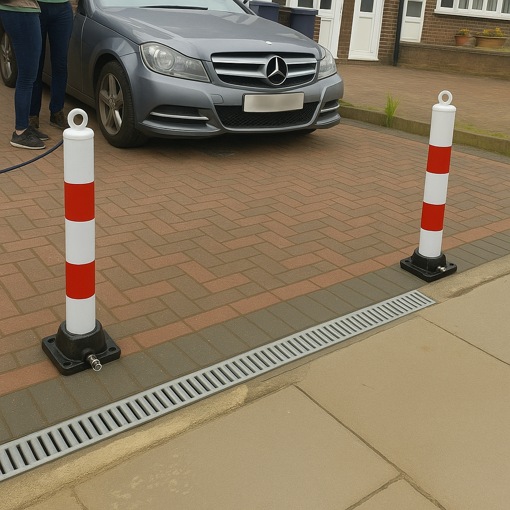 Red & White Fold-Down Parking Post with Integral Lock & Eyelet 2