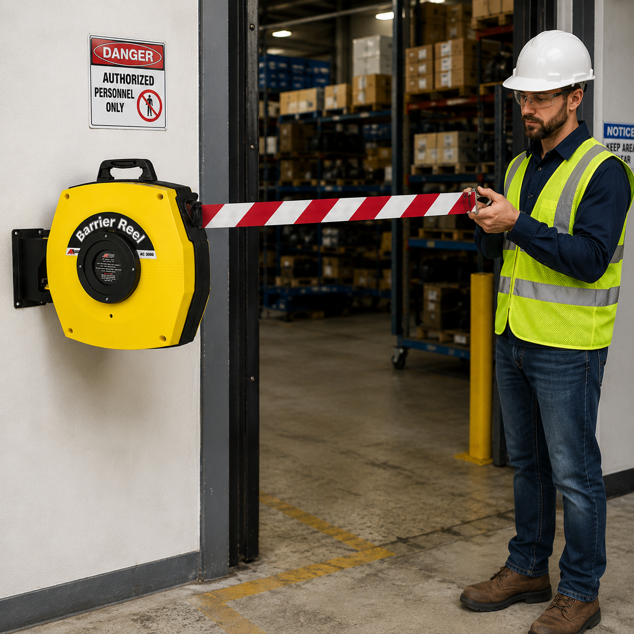 Retractable Safety Barrier Reel with Magnetic Mounting for Industrial Use