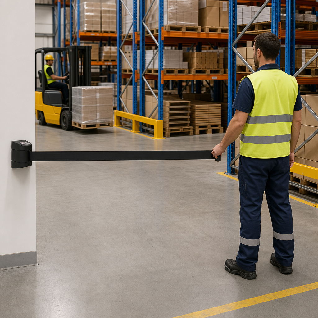 Wall Mounted Barrier with 10m Belt for Warehouse Aisles