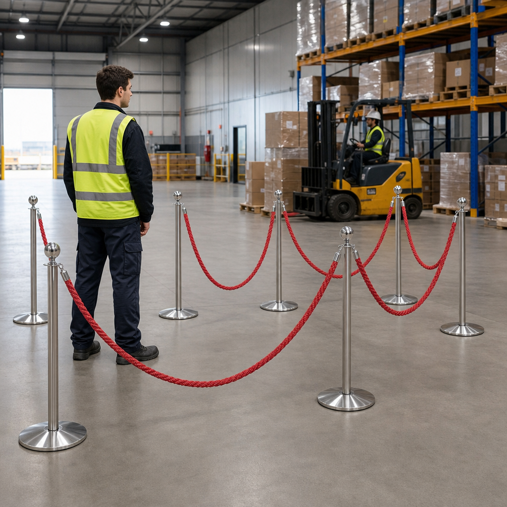 Silver Rope Barrier Set with Red Ropes for Event Management (Pack of 8)