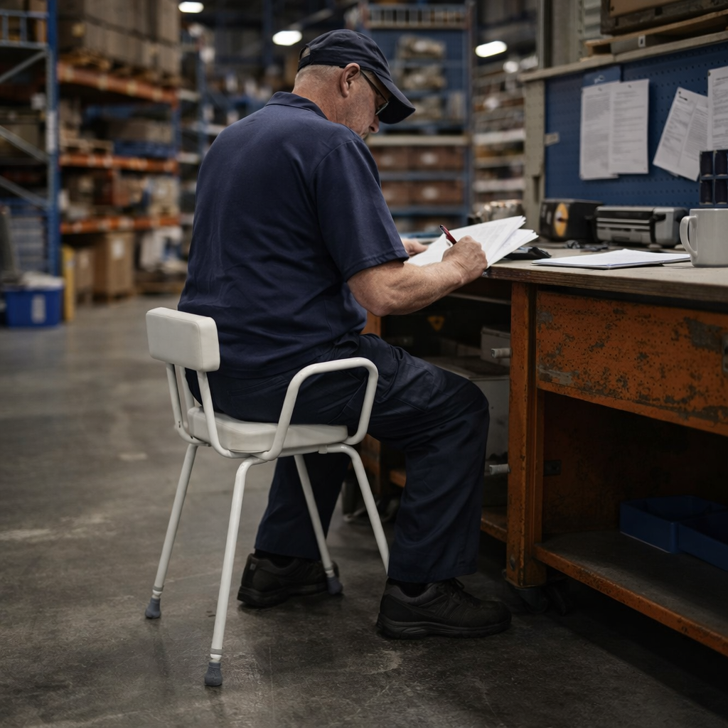 Perching Stool – White – Height Adjustable, 165kg Capacity – Indoor Use