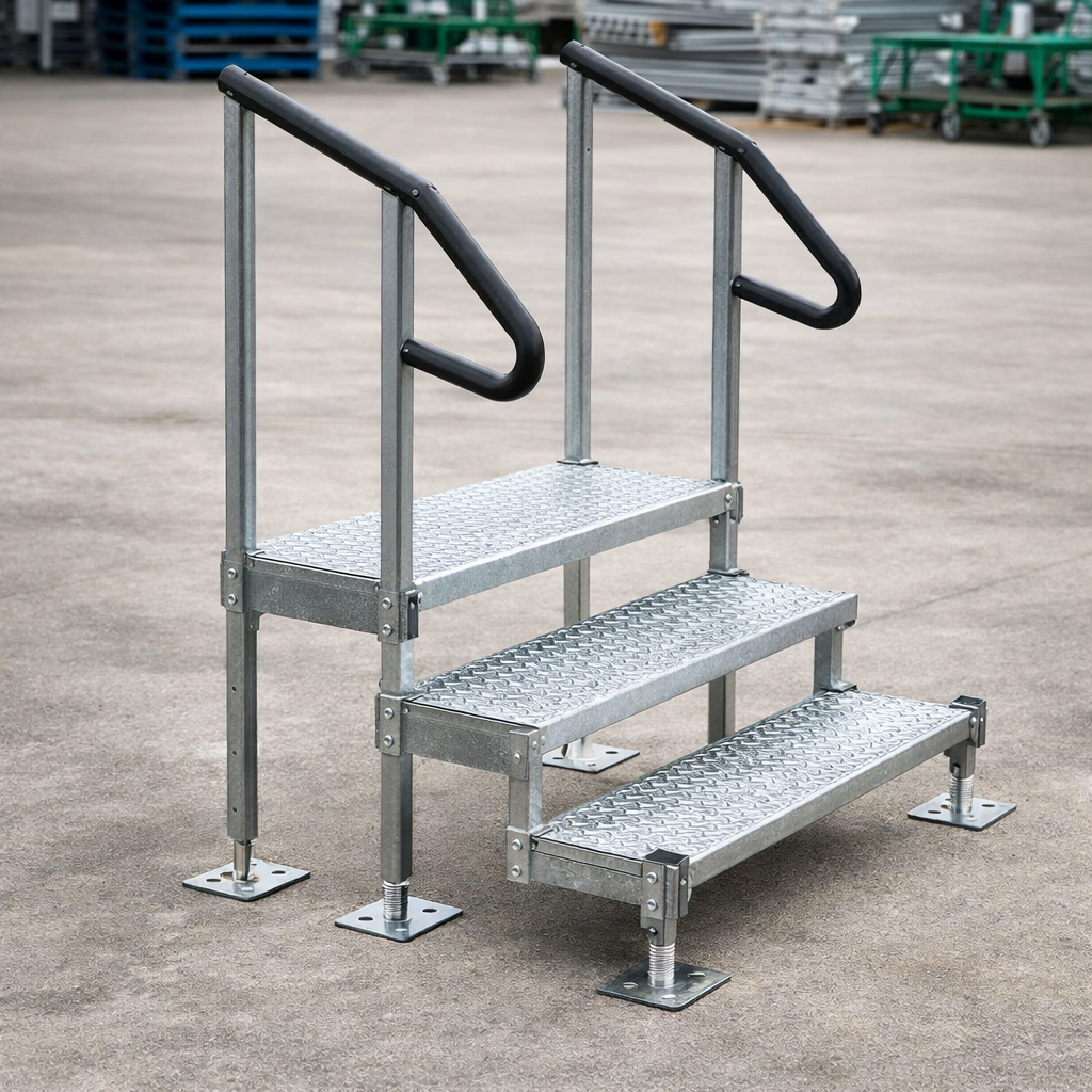 Adjustable Steel 3 Step with Handrails – 465mm-525mm – Galvanised – Mobility Access