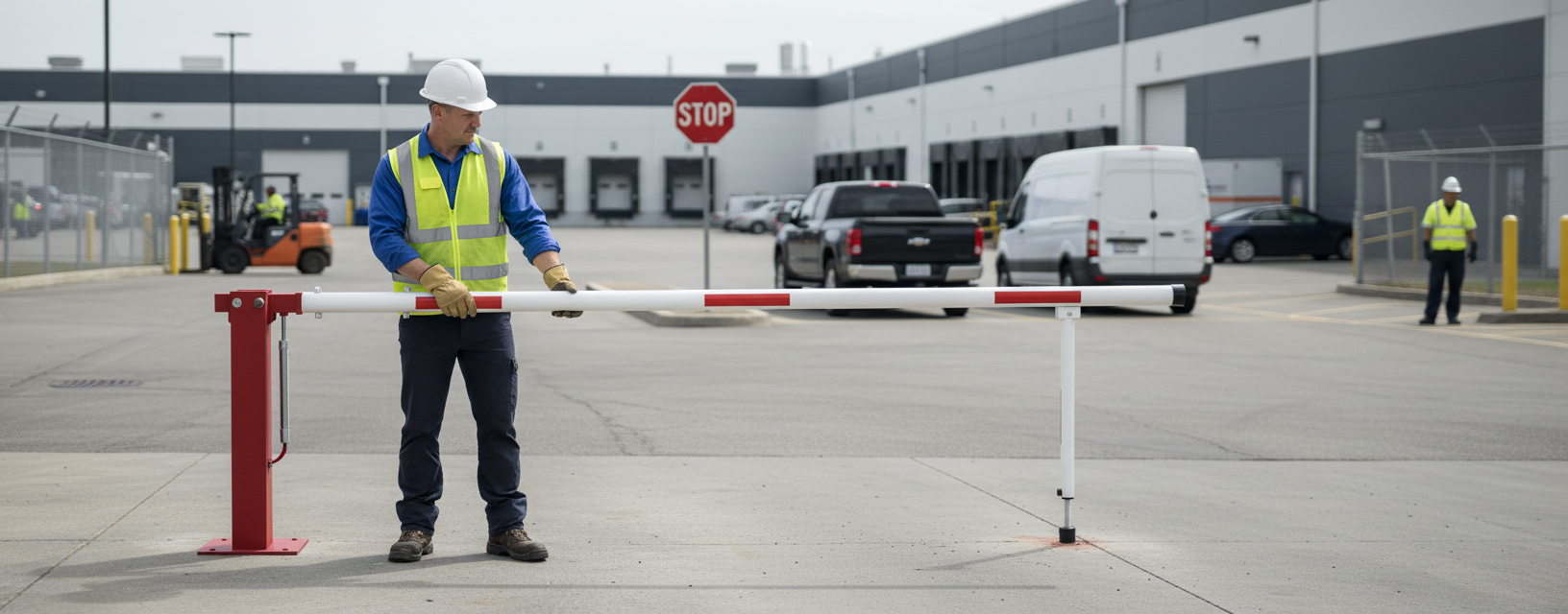 Premium Manual Access Barrier with Pneumatic Spring and Hinged Pole Support for Driveways and Industrial Entrances