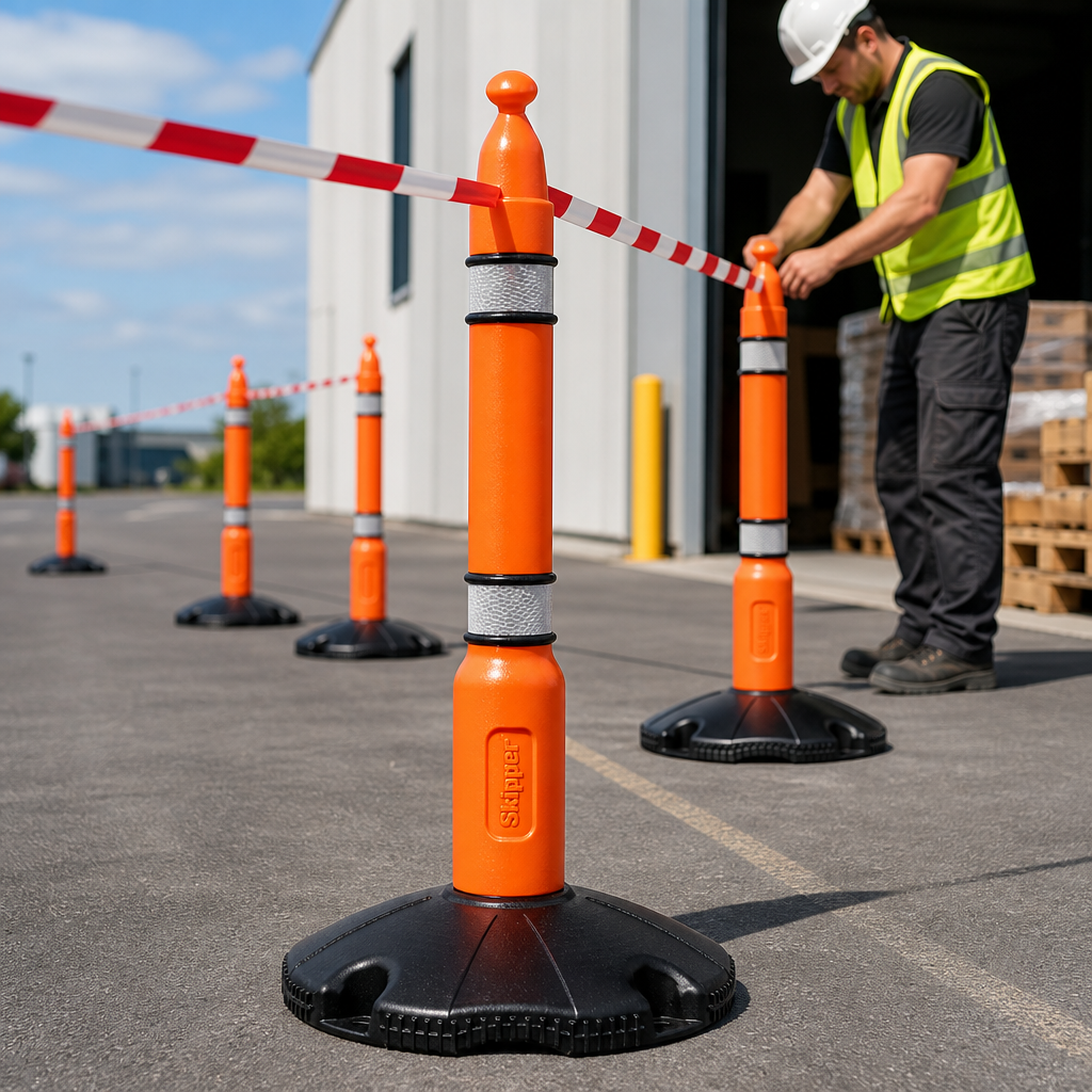 Skipper Barrier Post and Base System with Reflective Strips for Traffic Management