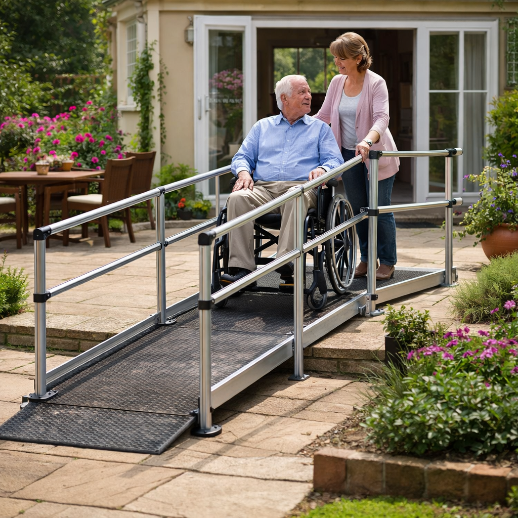 Modular Wheelchair Ramp Kit – 1080mm x 2000mm – Double Handrails – All Weather Use