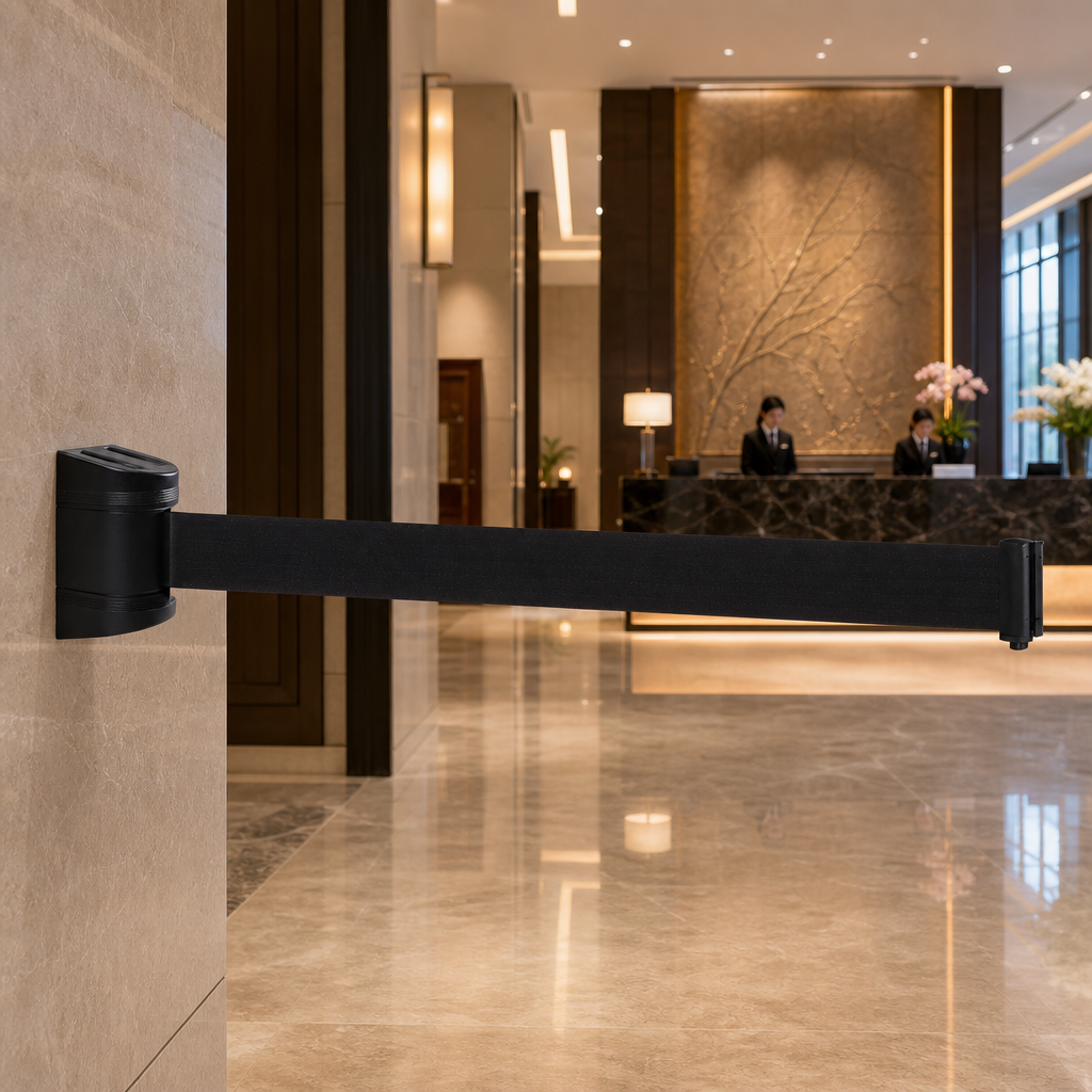 Wall Mounted Belt Barrier System with ABS Housing for Hotel Lobbies